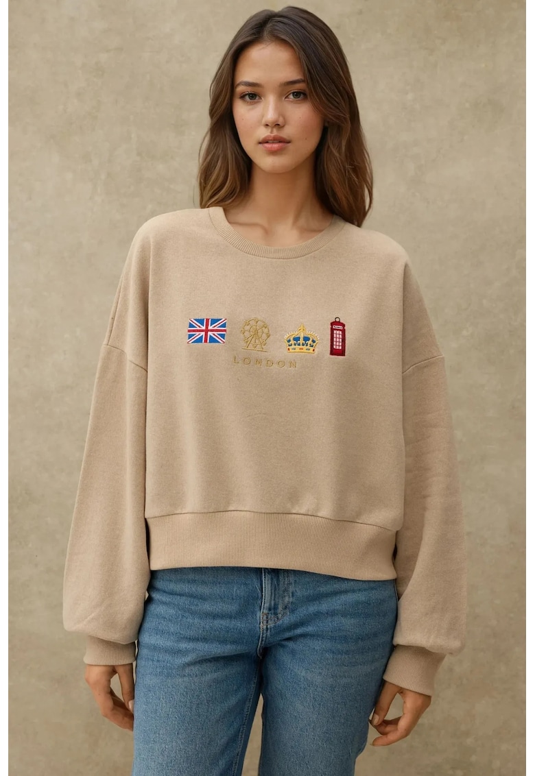 Oferte la Hanorac dama  guler rotund - detalii brodate - bej - textil