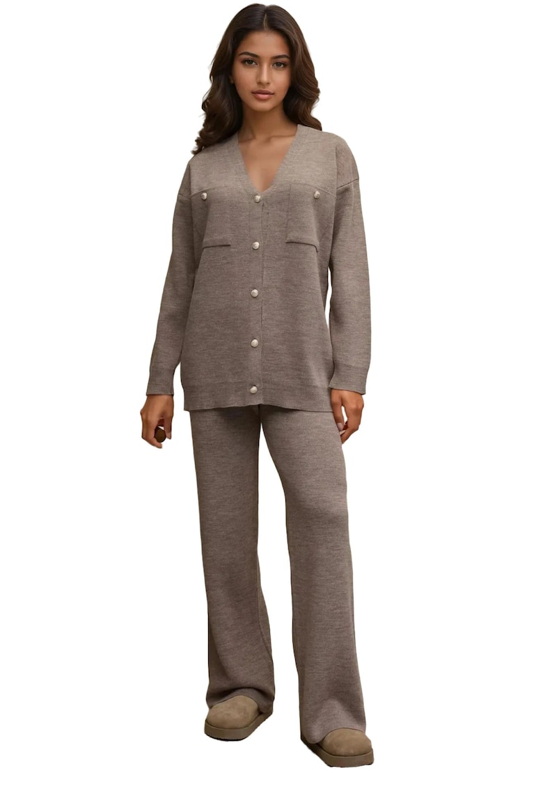 Oferte la Set tricotat  cardigan cu decolteu in V si pantaloni largi - talie inalta - maro melange - tricot