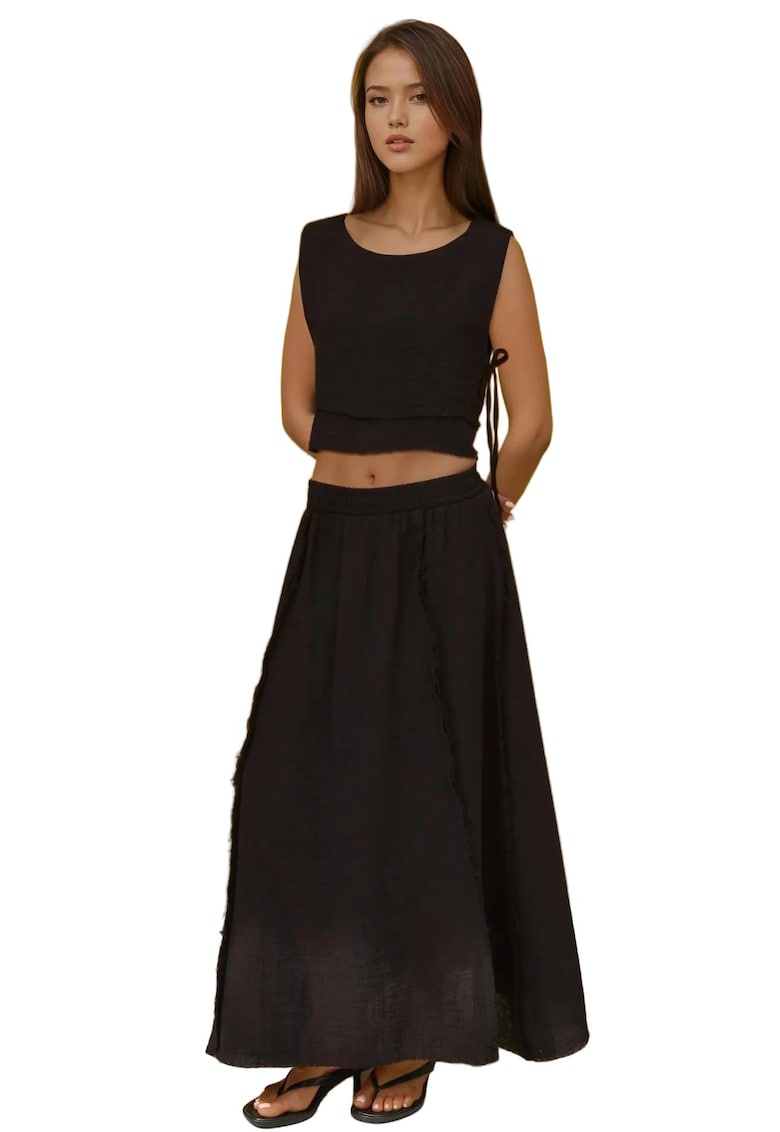 Oferte la Set compleu -  bluza cu legaturi laterale - fusta elastica - negru - muselina