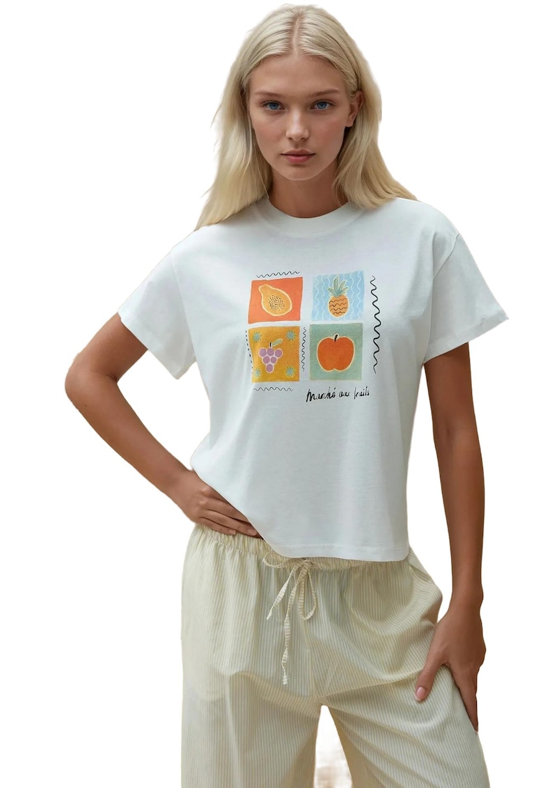 Oferte la Tricou dama  imprimeu - croiala regulata - maneca scurta - multicolor - bumbac