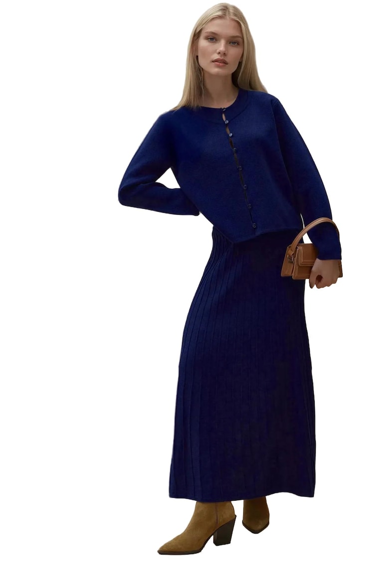 Oferte la Set tricotat -  cardigan cu guler rotund si fusta evazata - confortabil - bleumarin - tricot