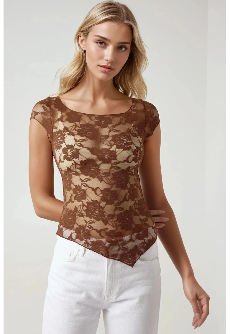 Oferte la Top scurt -  dantela florala - slim fit - maro - jerseu
