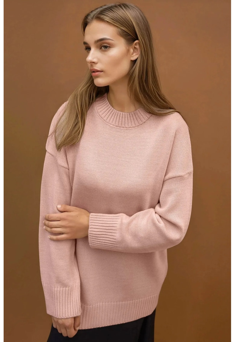 Oferte la Pulover dama -  lung tricotat gros - guler rotund - roz - tricot