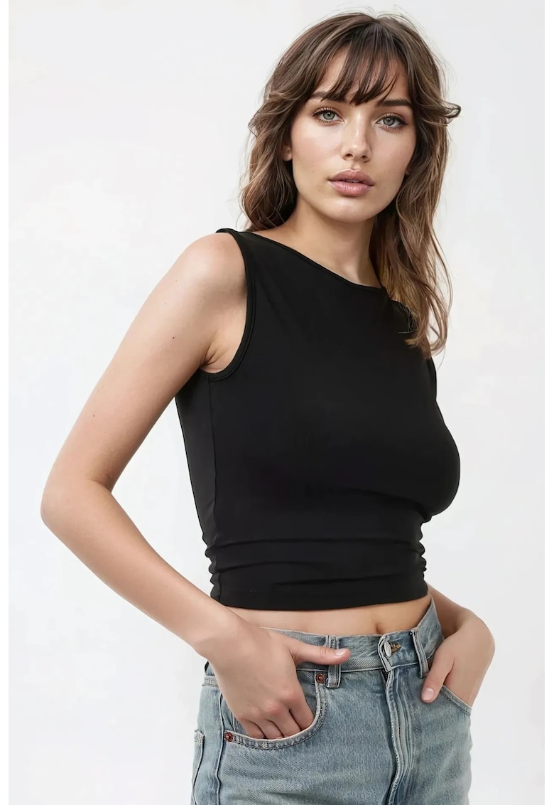 Oferte la Top scurt slim fit -  decolteu tip barca - detaliu la spate - negru - jerseu