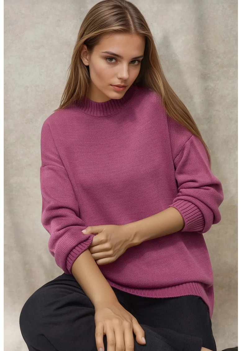 Oferte la Pulover lung dama -  tricotat din material gros - guler rotund - roz prafuit - tricot