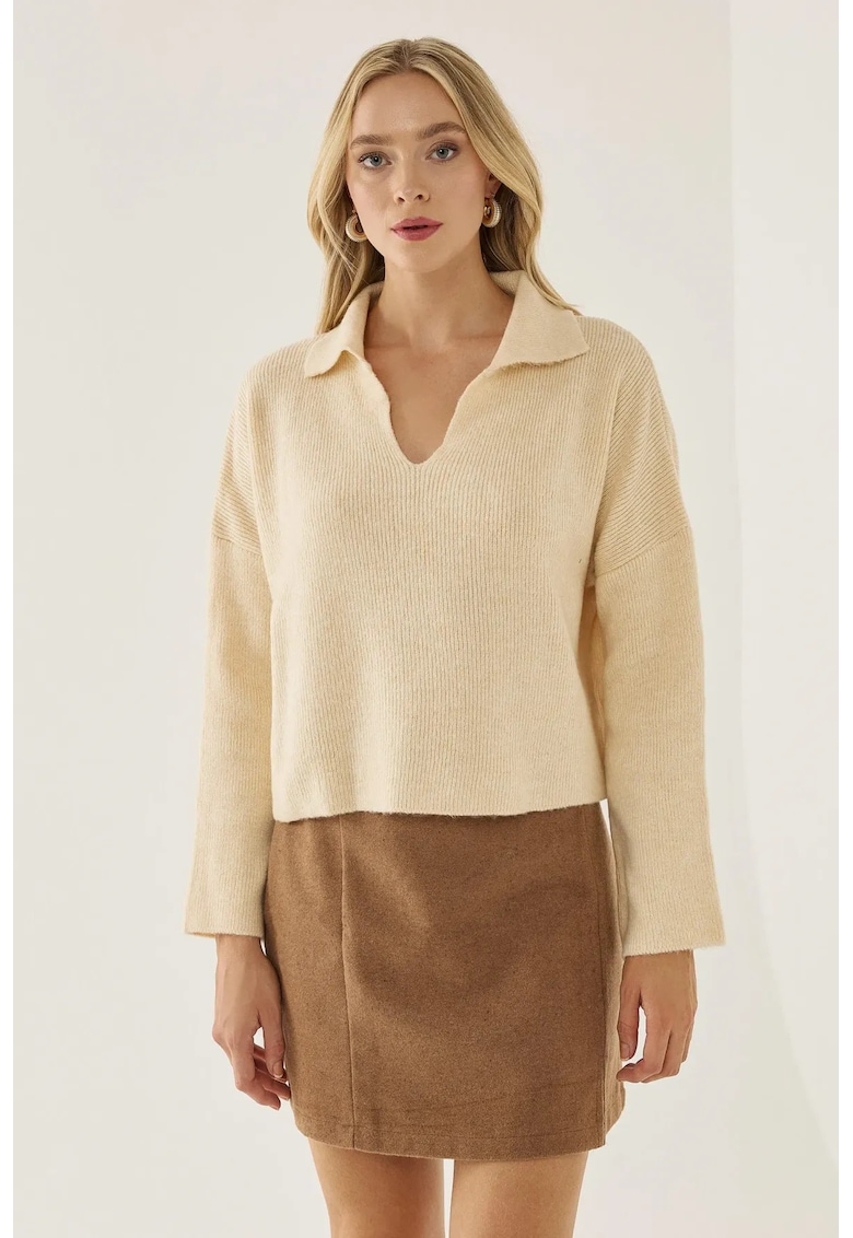 Oferte la Pulover dama  guler camasa - croiala lejera - natural - acril