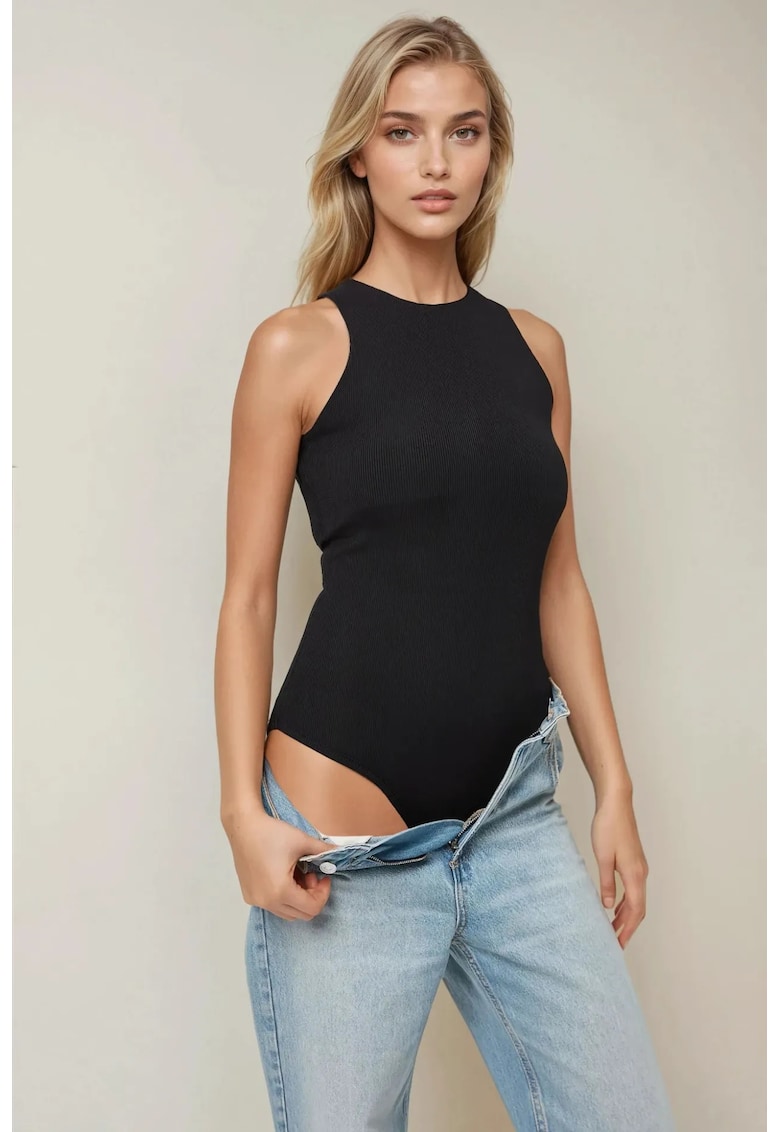 Oferte la Body texturat  guler halter - croiala slim fit - negru - jerseu
