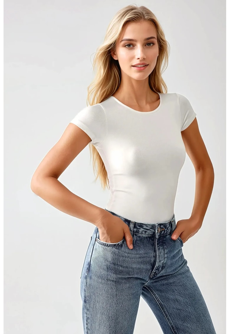 Oferte la Body tricotat -  guler rotund - croiala slim fit - alb - tricot