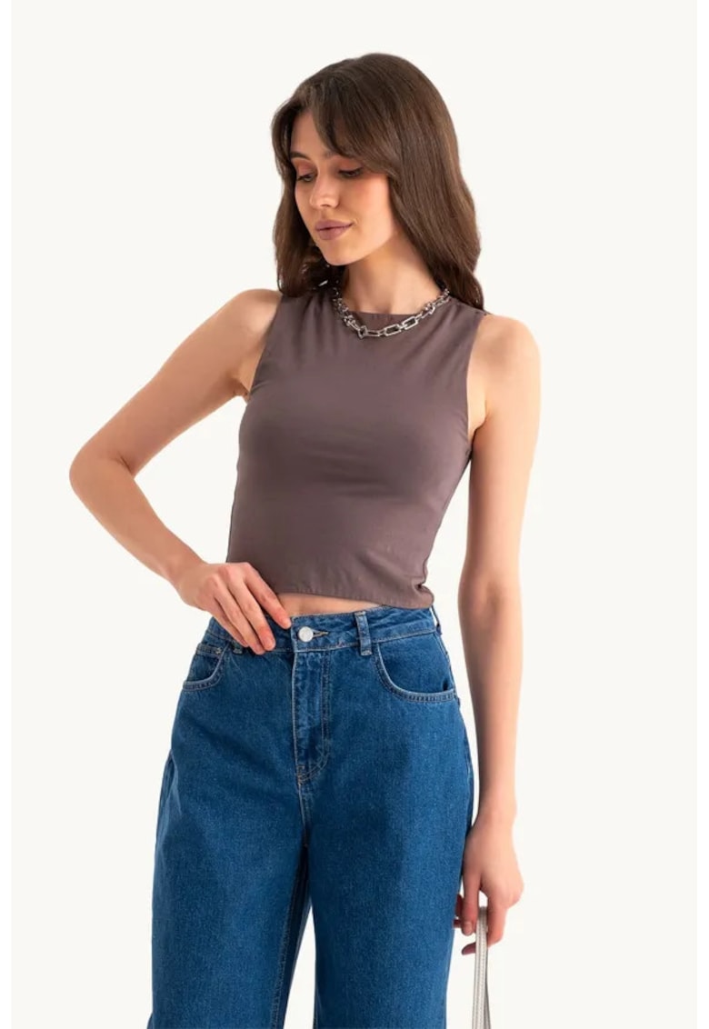 Oferte la Maiou -  Round Neck Basic - simplu - maro - jerseu
