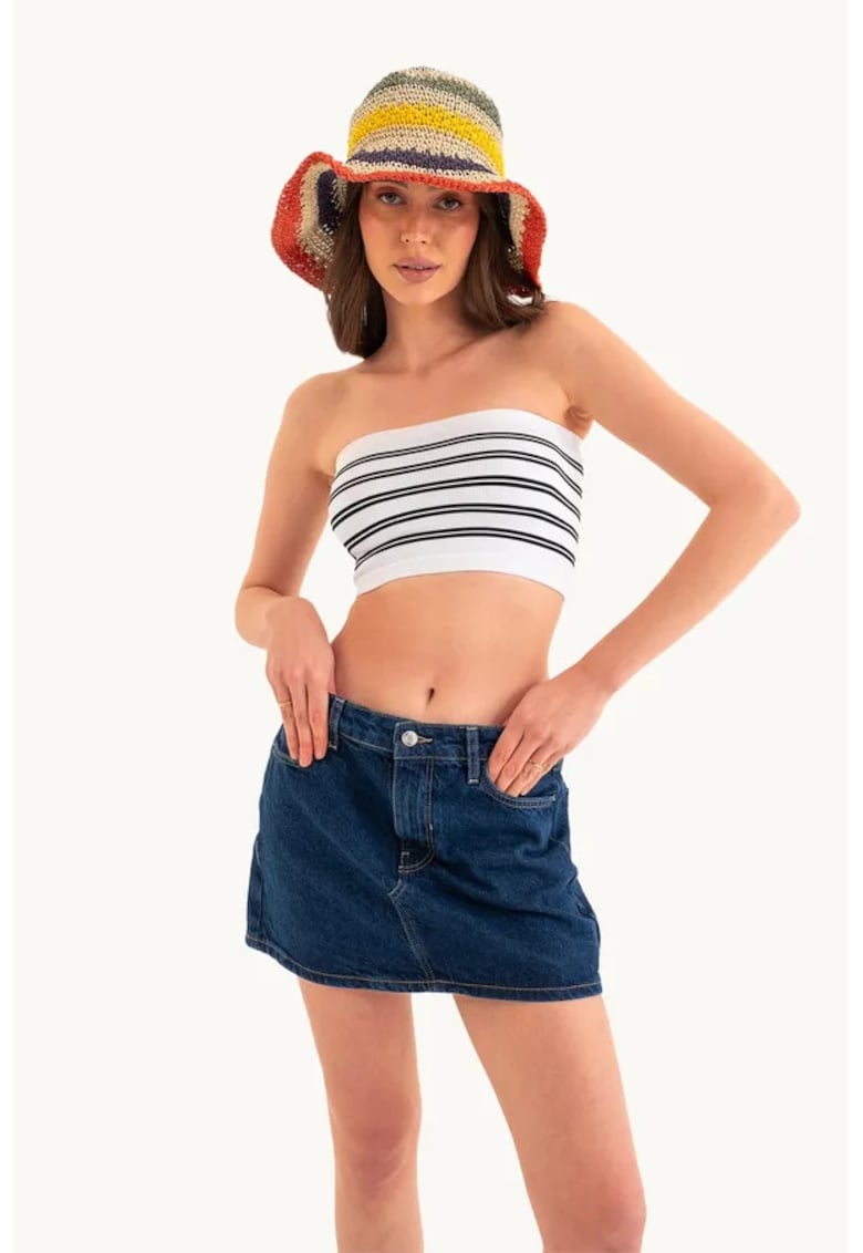 Oferte la Top scurt -  cu dungi multicolore - fara bretele - alb - jerseu - set