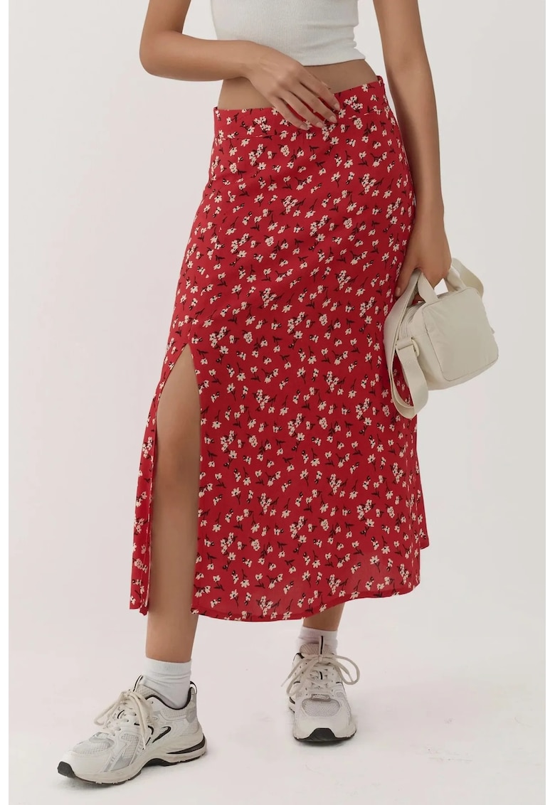 Oferte la Fusta midi -  talie inalta - imprimeu floral - rosu - poliester