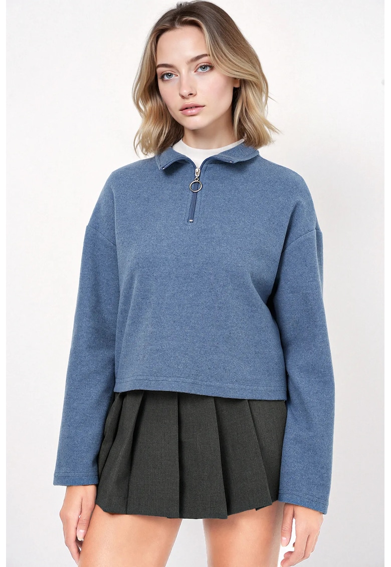 Oferte la Pulover dama HiCCUP Relaxed Fit Crop - guler cu fermoar - bleumarin - bumbac si poliester
