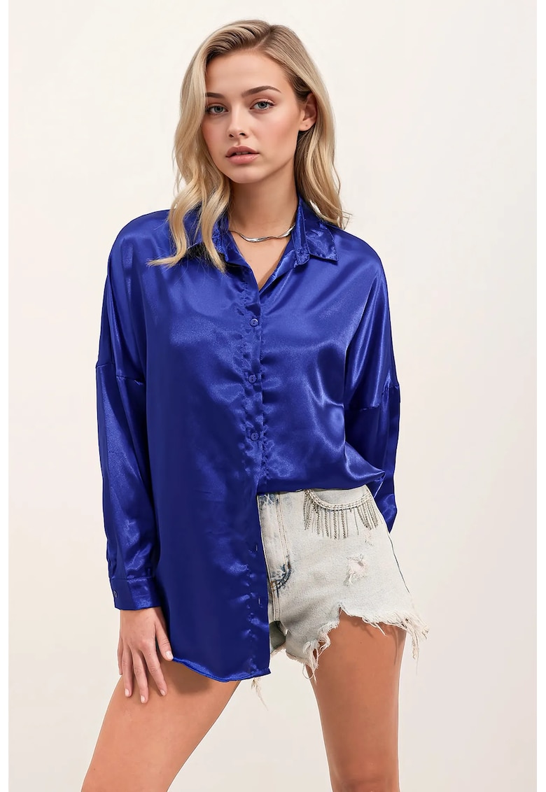 Oferte la Camasa supradimensionata - BigDart - satin - cu inchidere cu nasturi - Albastru de cobalt -