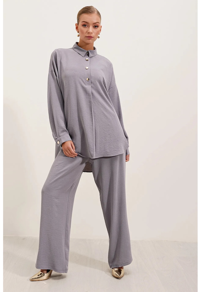 Oferte la Set camasa texturata cu maneca lunga si pantaloni largi HiCCUP - gri - poliester-lycra