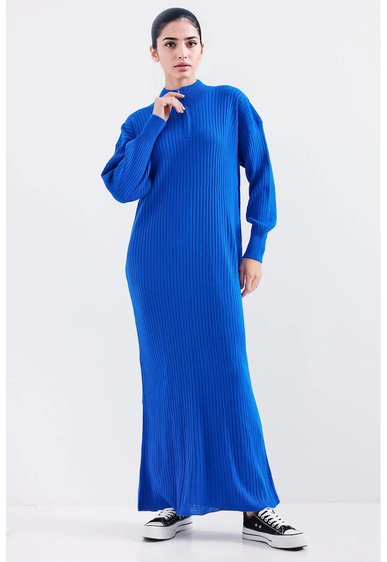 Oferte la Rochie tricotata  guler inalt - fermoar - material texturat - Albastru de cobalt -