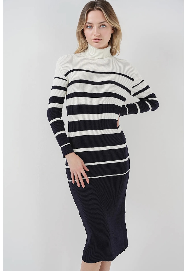 Oferte la Rochie midi tricotata  cu guler inalt - dungi - tricot - Negru -