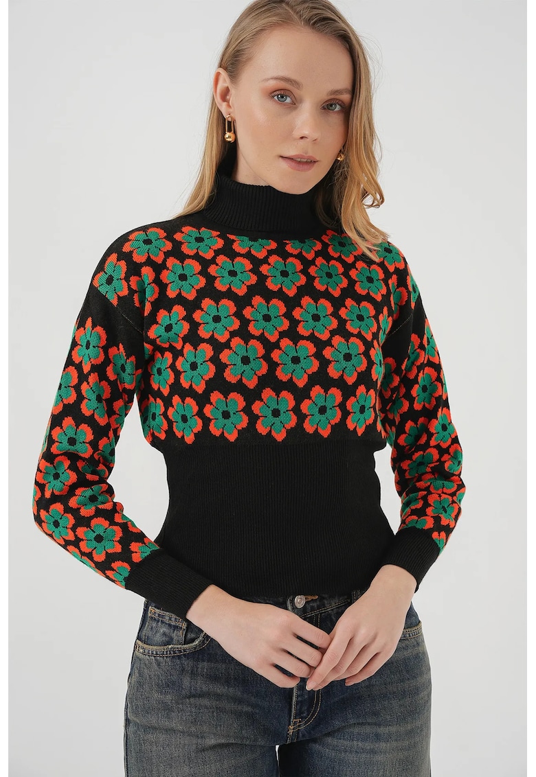 Oferte la Pulover scurt - BigDart - guler inalt - model floral - tricot - Dovleac Portocaliu -