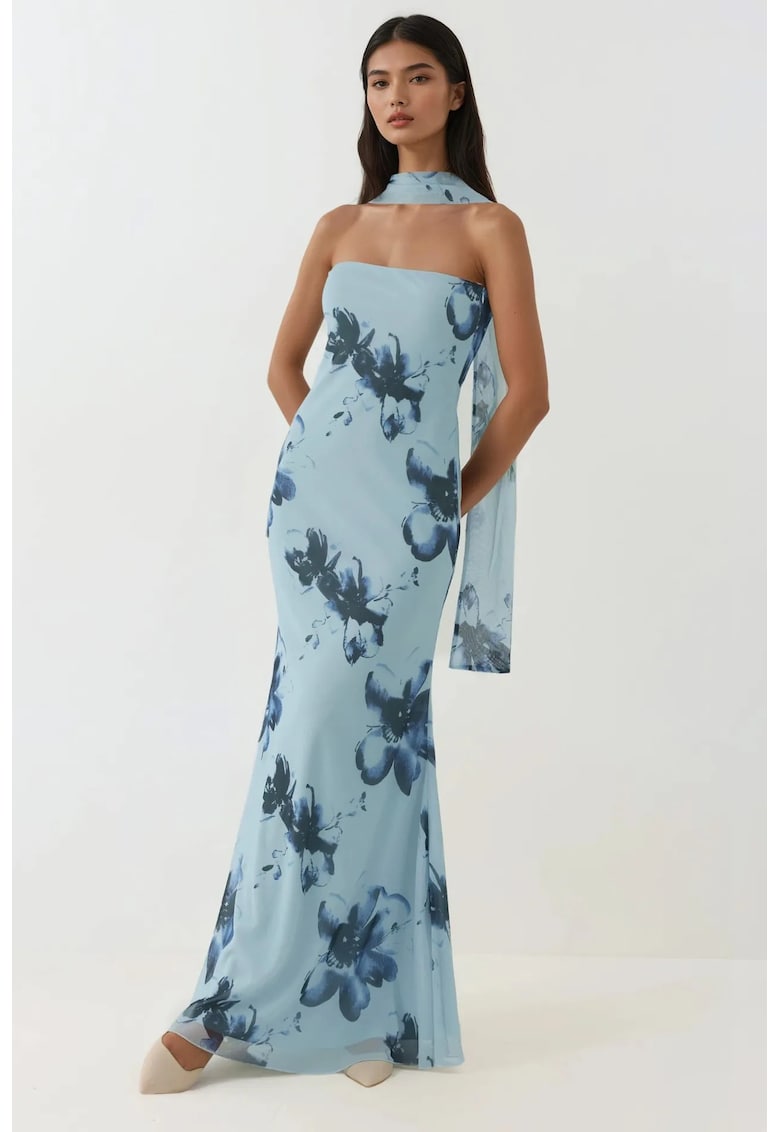 Oferte la Rochie maxi mulata  imprimeu floral - albastru glaciar - tul