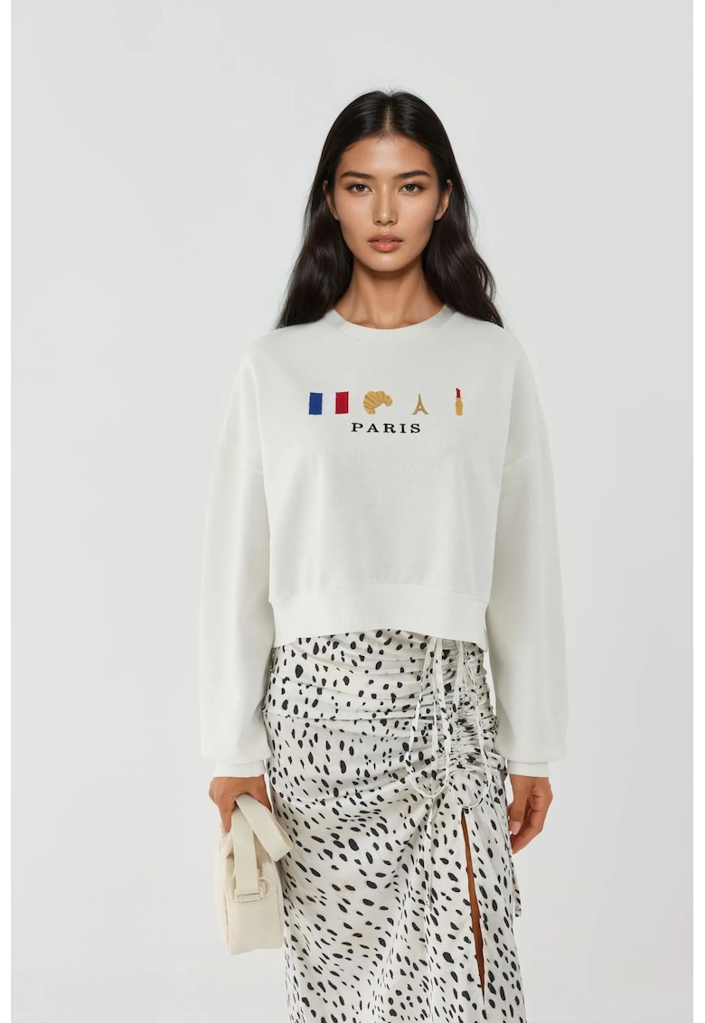 Oferte la Hanorac dama  guler rotund - brodat - alb - textil