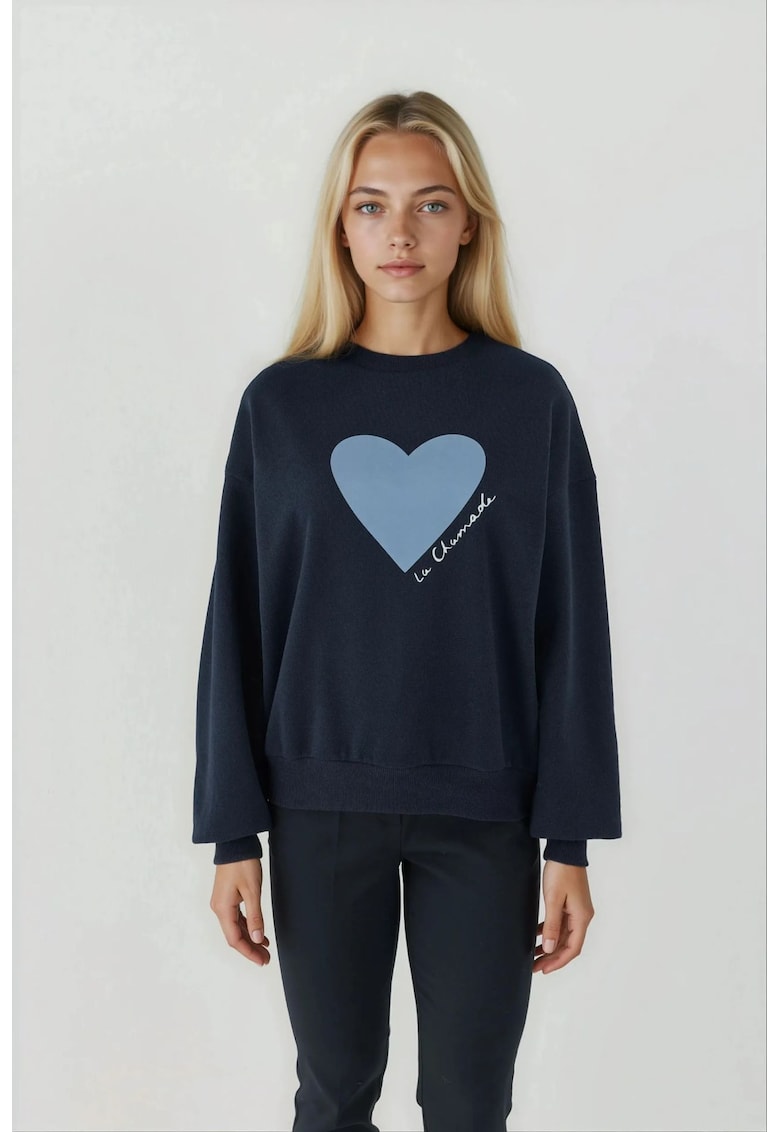 Oferte la Hanorac dama  cu guler rotund - imprimeu - bleumarin - tricot