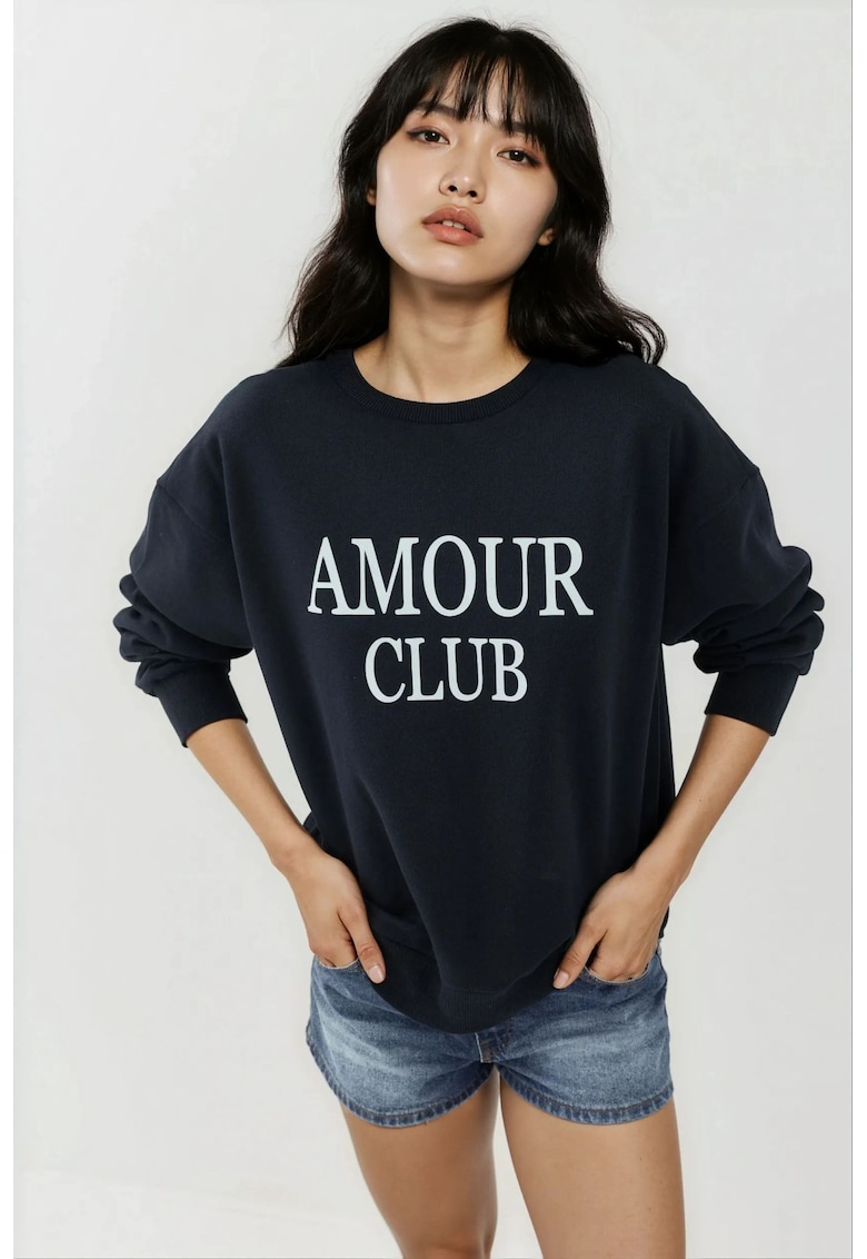 Oferte la Hanorac dama  imprimeu - guler rotund - croiala lejera - albastru inchis - tricot