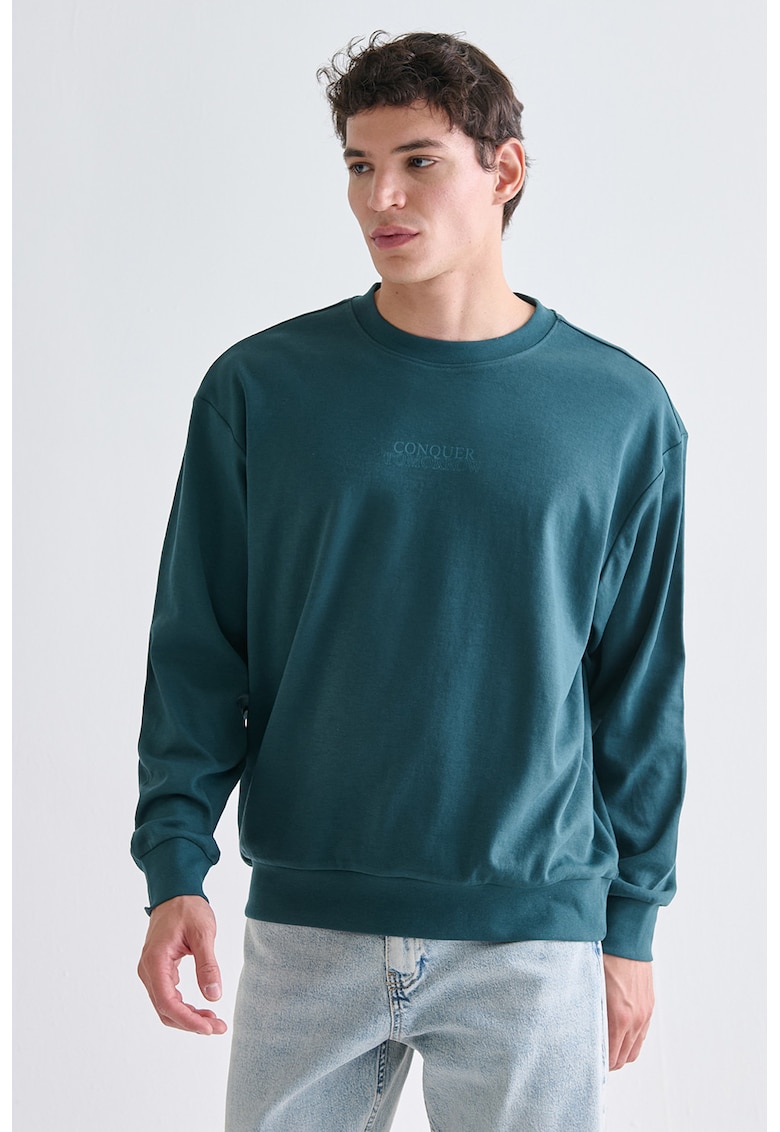 Oferte la Bluza de trening din amestec de bumbac cu imprimeu text - Albastru petrol