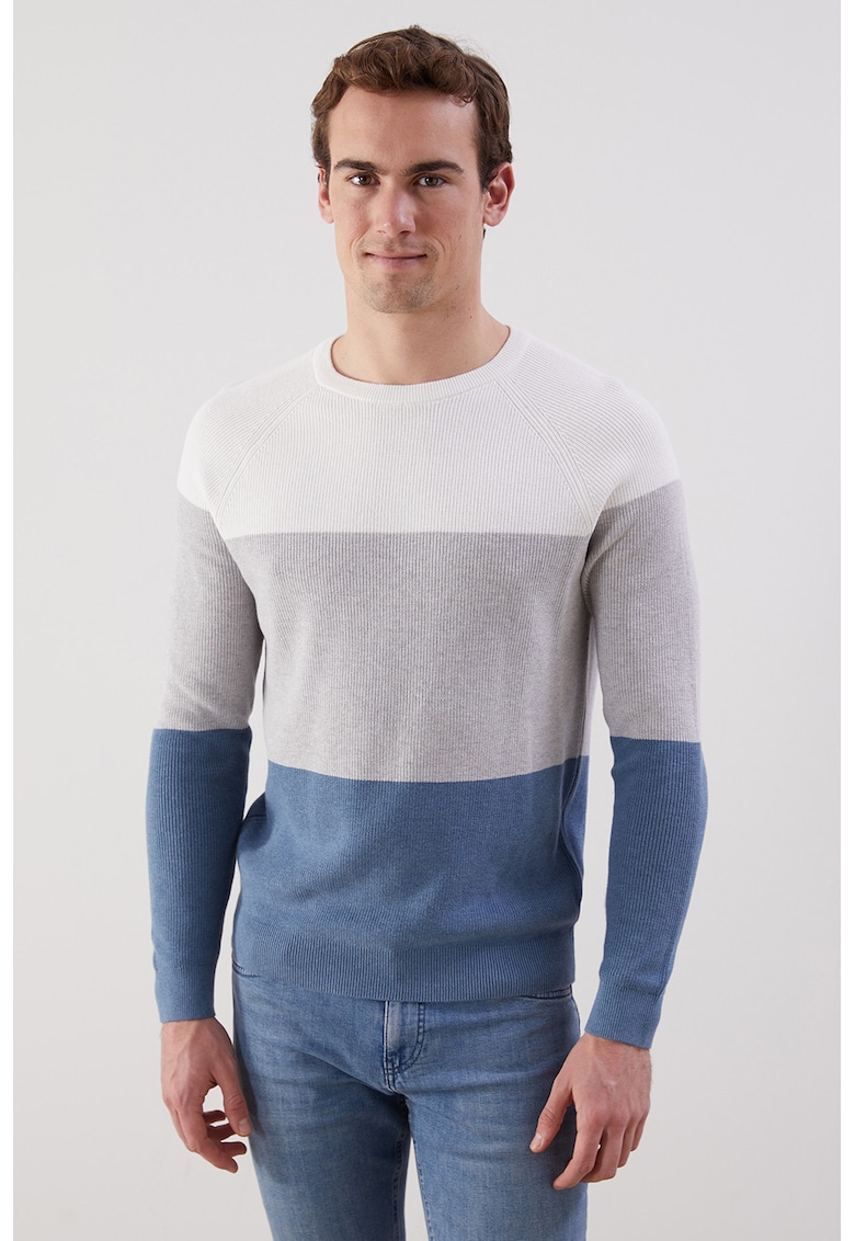 Oferte la Pulover colorblock de bumbac - Albastru inchis/Alb murdar/Gri deschis melange