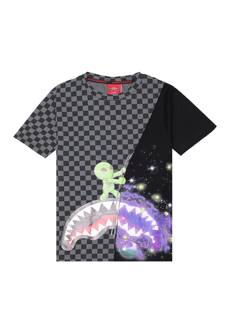 Oferte la Tricou cu decolteu la baza gatului si model in carouri Cosmic Ray - Negru/Violet deschis/Gri inchis