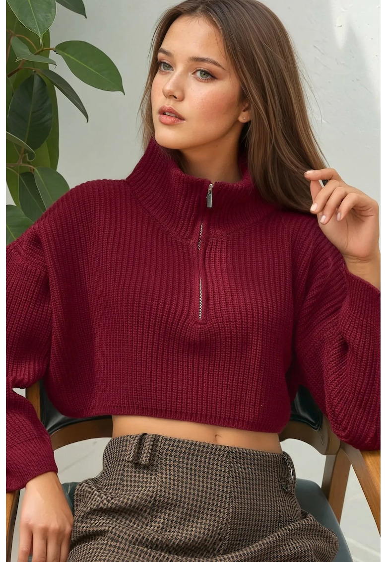 Oferte la Pulover dama  crop - gros tricotat - guler cu fermoar - tricot - Rosu Burgund -
