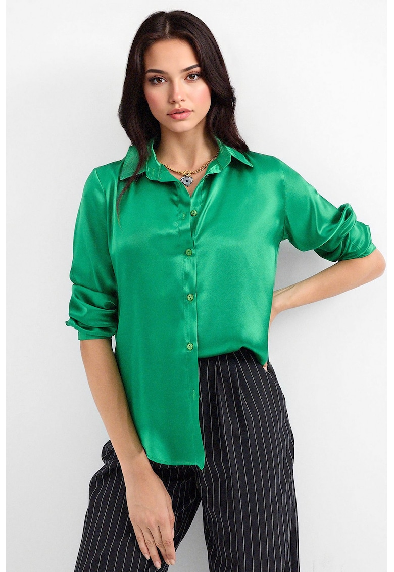 Oferte la Camasi dama - HiCCUP - camasa cu maneca lunga - verde - satin