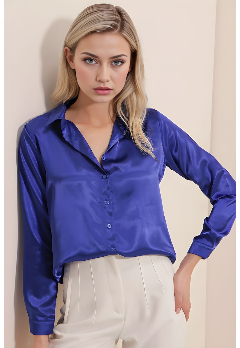 Oferte la Camasi dama - HiCCUP - camasa cu maneca lunga - satin - albastru cobalt