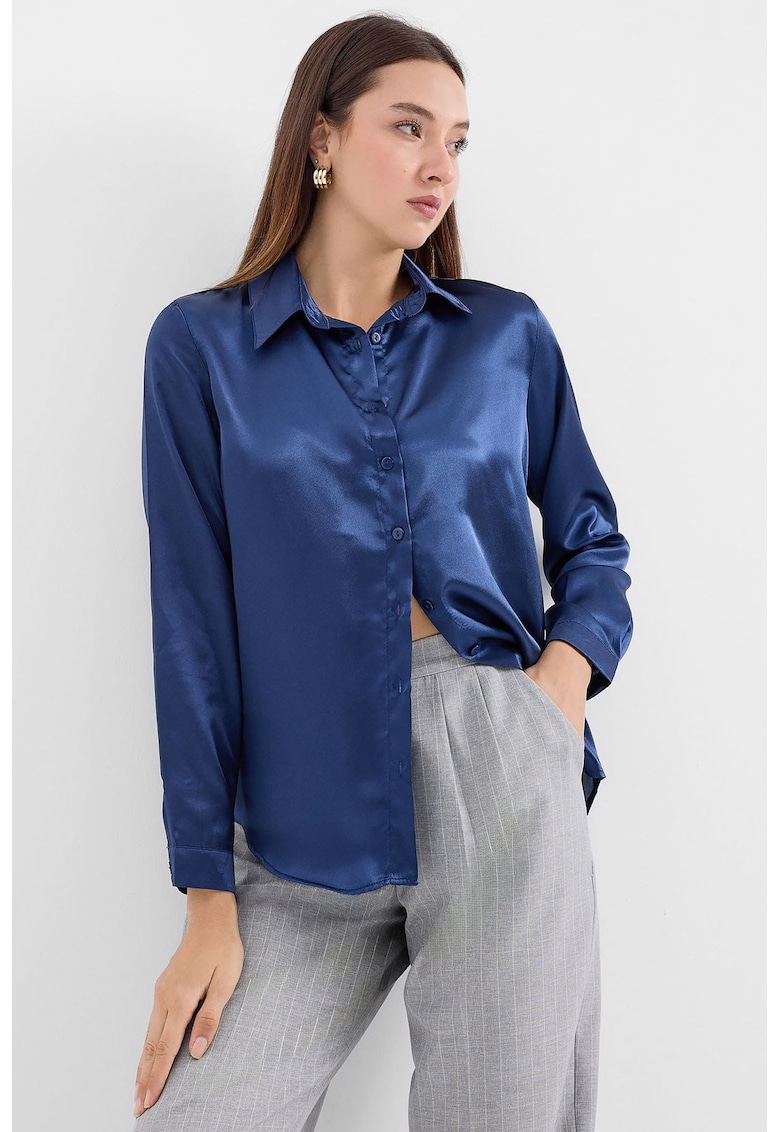 Oferte la Camasi dama - HiCCUP - camasa cu maneca lunga - satin - bleumarin