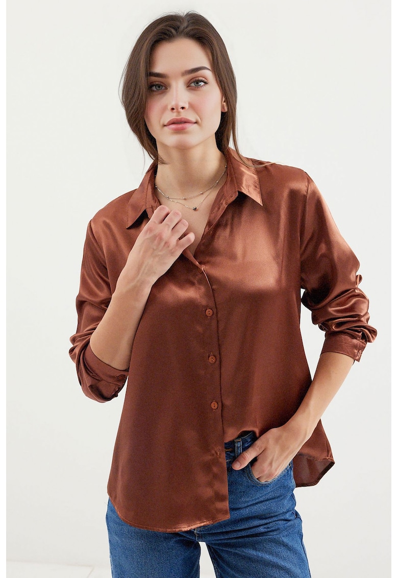 Oferte la Camasi dama - HiCCUP - camasa cu maneca lunga - satin - maro camel