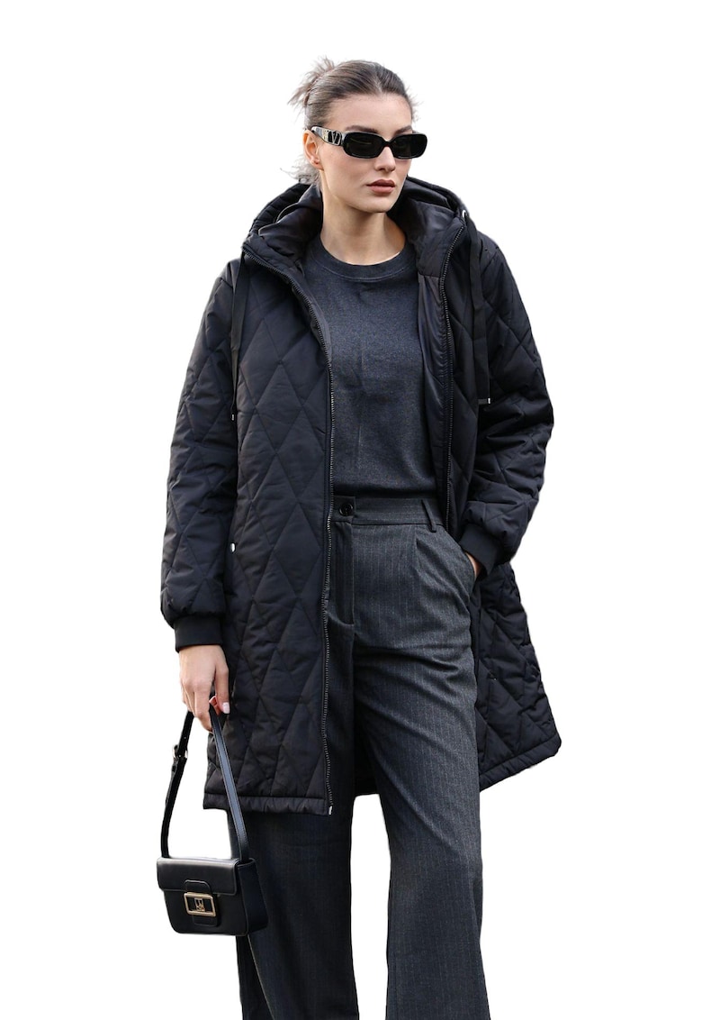 Oferte la Geaca lunga dama - cu gluga - HiCCUP - textil - negru