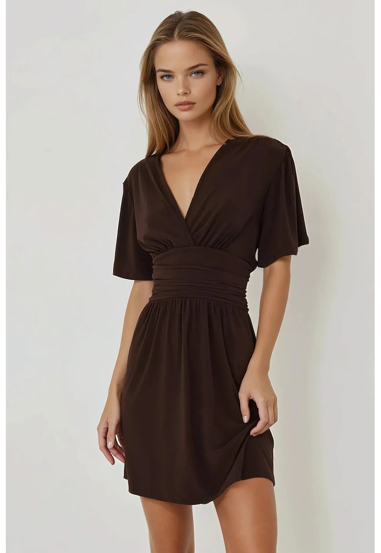 Oferte la Rochie mini -  decolteu in V - maro - jerseu - Maro