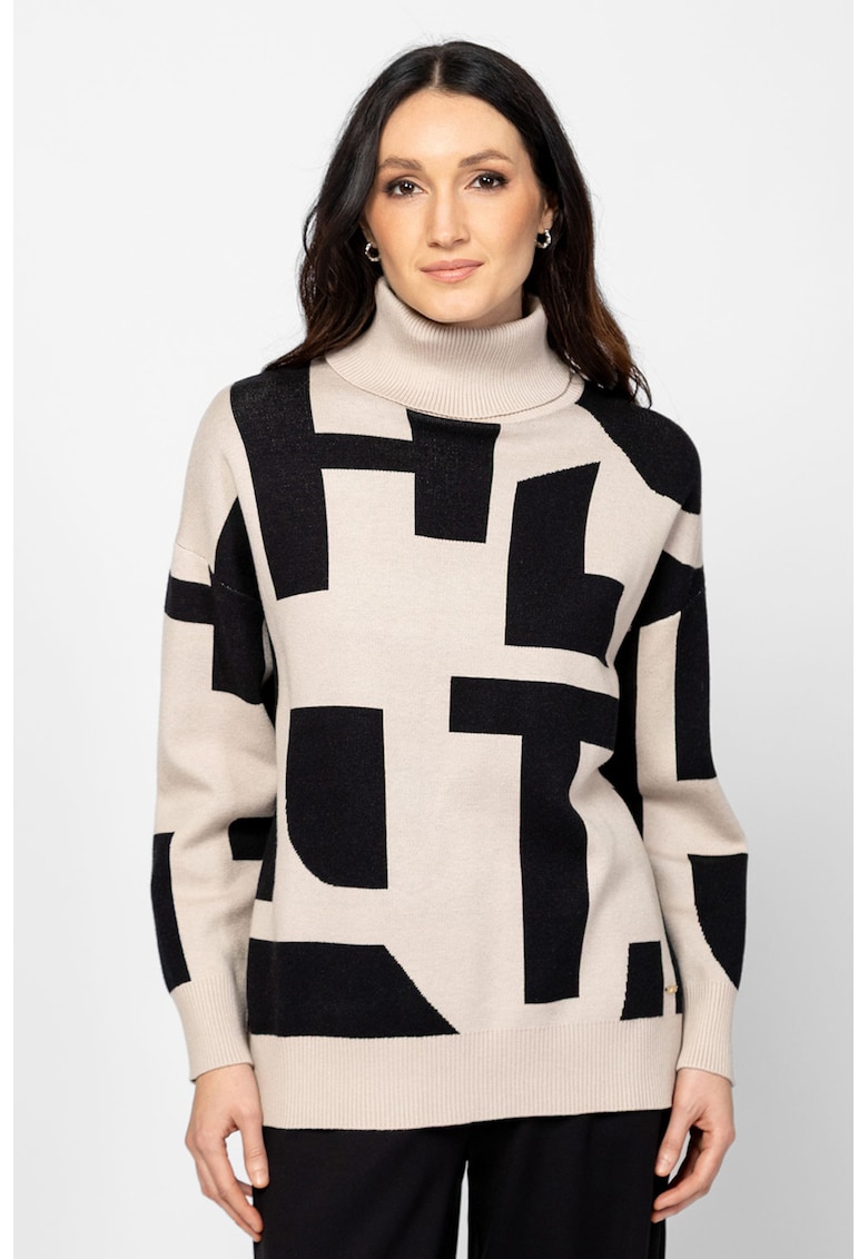 Oferte la Pulover cu guler inalt si model - Negru/Bej