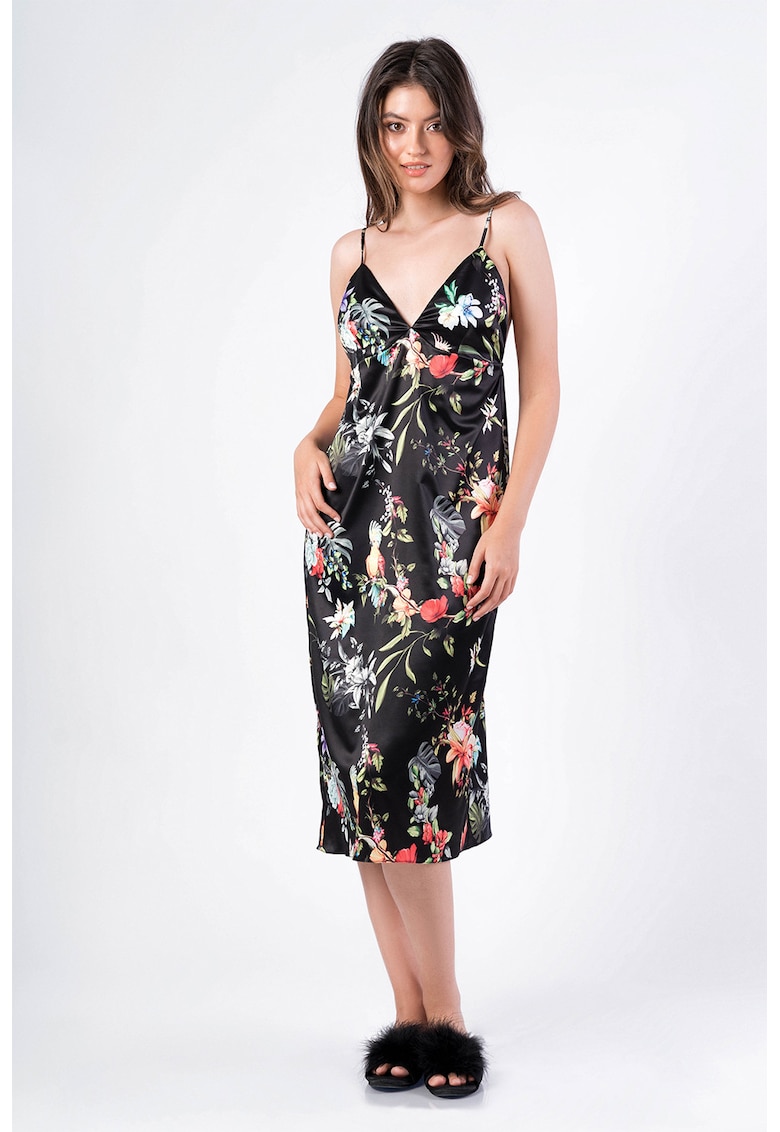 Oferte la Camasa de noapte din satin cu decolteu in V si model floral - Alb/Negru/Verde feriga