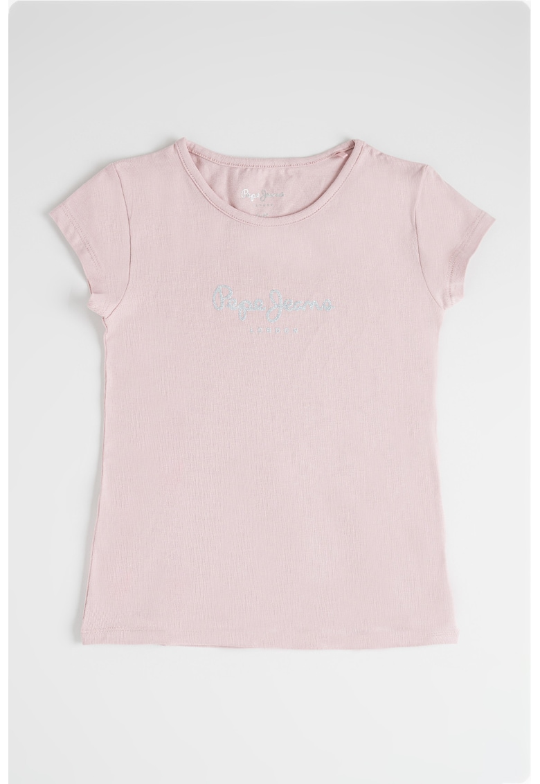 Tricou cu decolteu la baza gatului si logo stralucitor - Roz prafuit