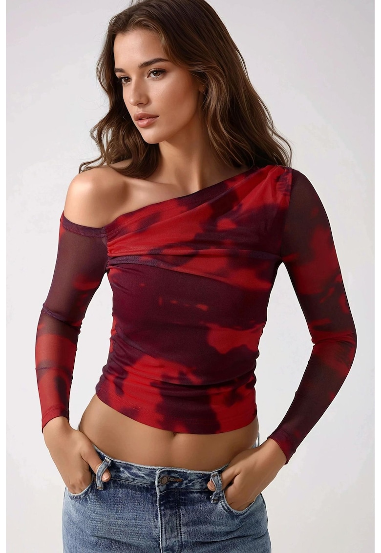 Oferte la Bluza dama -  din tul cu guler asimetric - rosu - jerseu