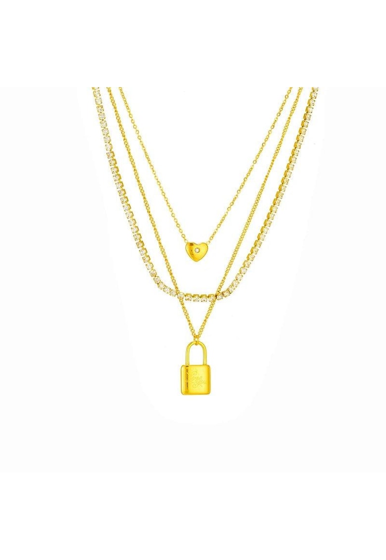 Oferte la Colier auriu - din otel inoxidabil 316L - placat cu aur 18K PVD - tennis - in 3 straturi - cu pietre si lacat - Dyveke C1