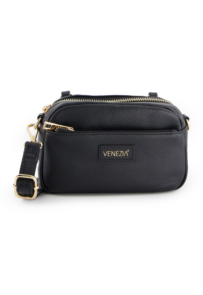 Oferte la Geanta crossbody dama  piele naturala - neagra - 12x20x6cm - cu 2 buzunare interioare - curea detasabila max 128cm