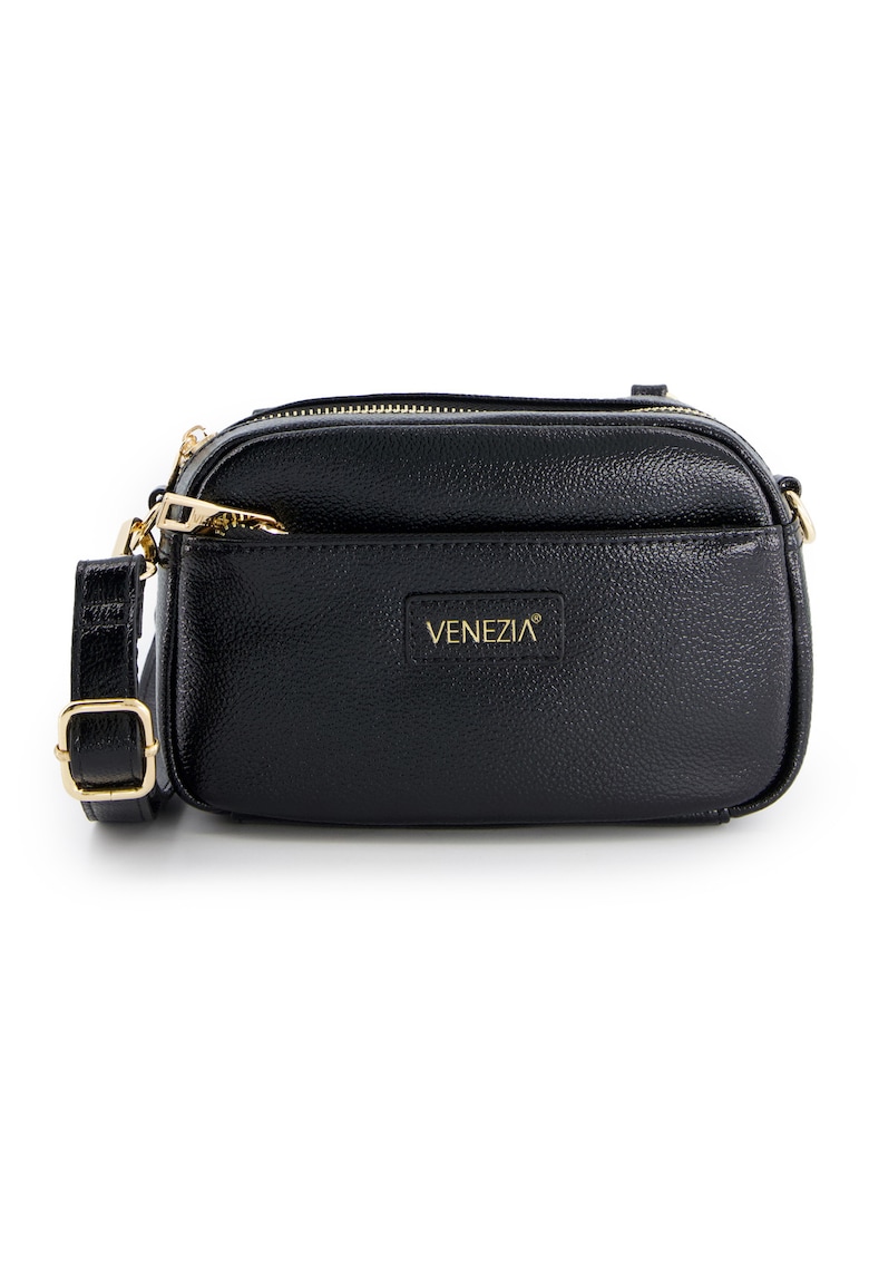 Oferte la Geanta crossbody  piele lacuita - neagra - 12x20x6cm - cu 2 buzunare interioare - curea detasabila max 128cm