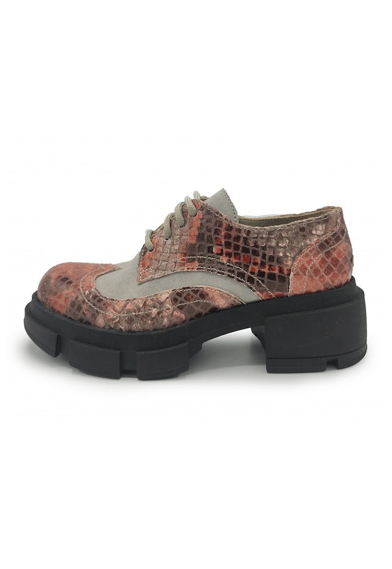 Oferte la Pantofi din piele si piele intoarsa cu model piele de crocodil - Negru/Gri deschis/Roz prafuit