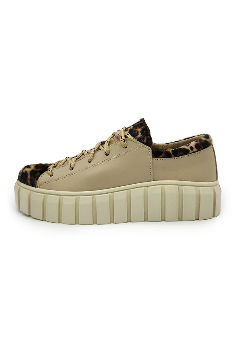 Oferte la Pantofi sport din piele cu segmente animal print - Negru/Maro nisip/Bej deschis