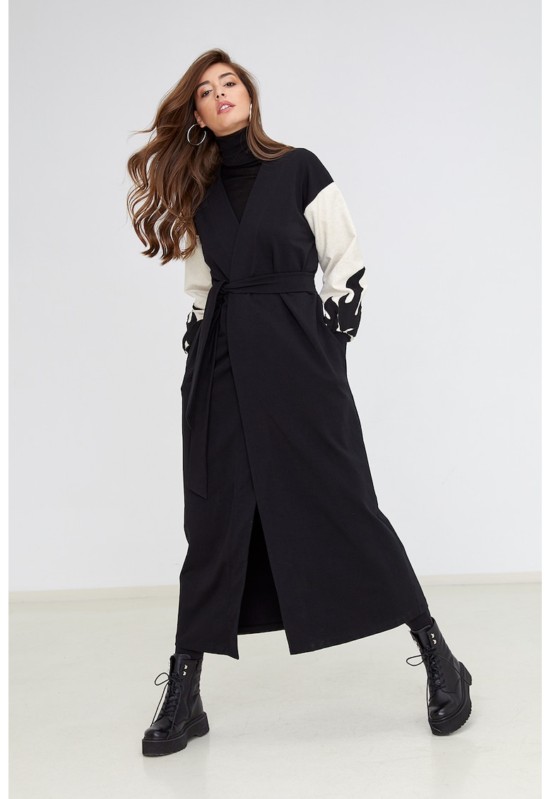 Oferte la Cardigan lung cu broderii contrastante de catifea Livigno - Negru/Bej