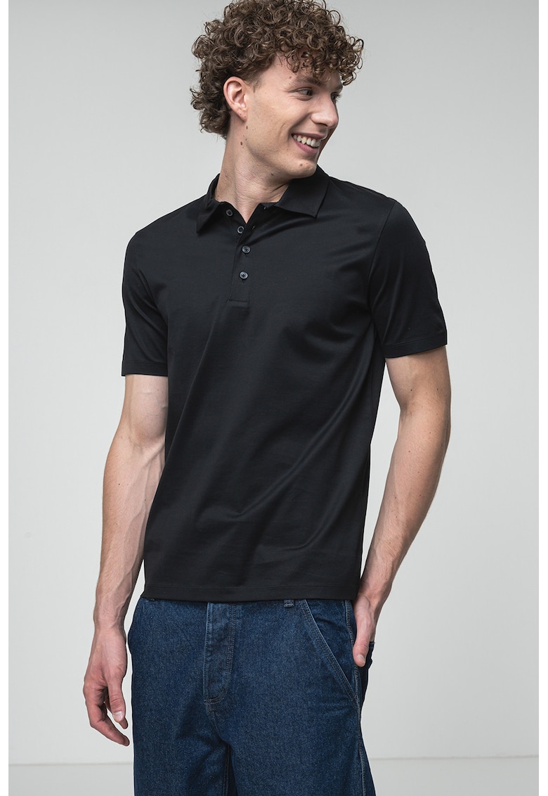 Oferte la Tricou polo uni cu fenta cu nasturi - Negru