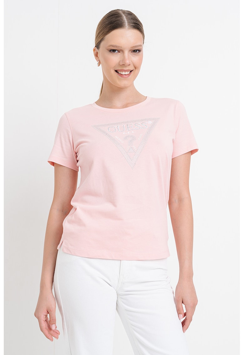 Oferte la Tricou cu decolteu rotund si logo cu strasuri - Alb/Roz pastel/Argintiu