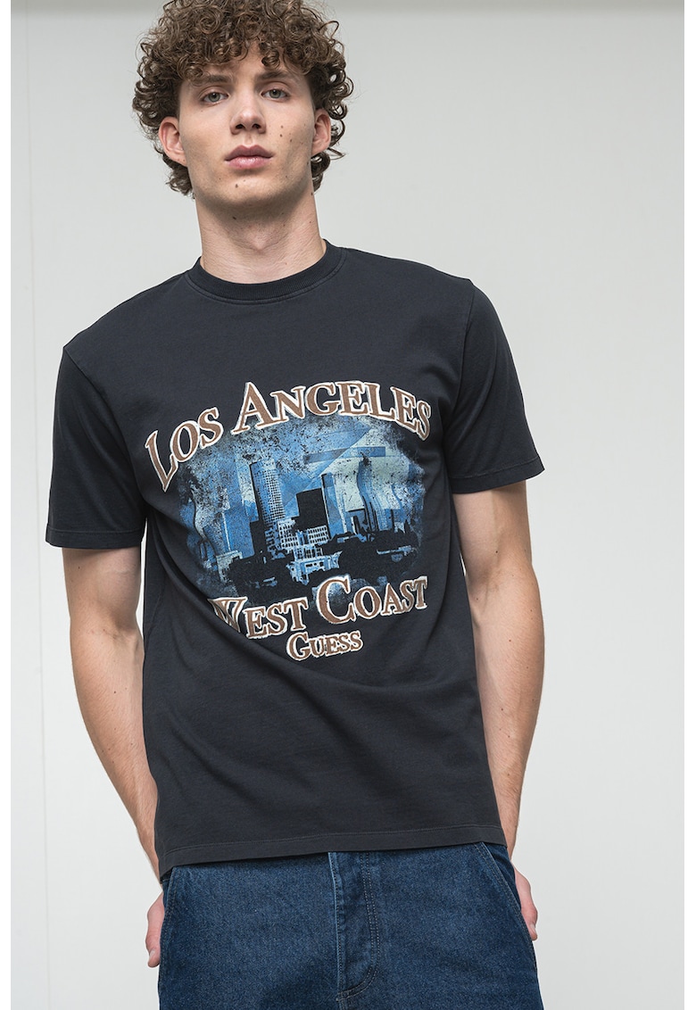 Oferte la Tricou cu decolteu la baza gatului si imprimeu - Negru/Maro deschis/Albastru