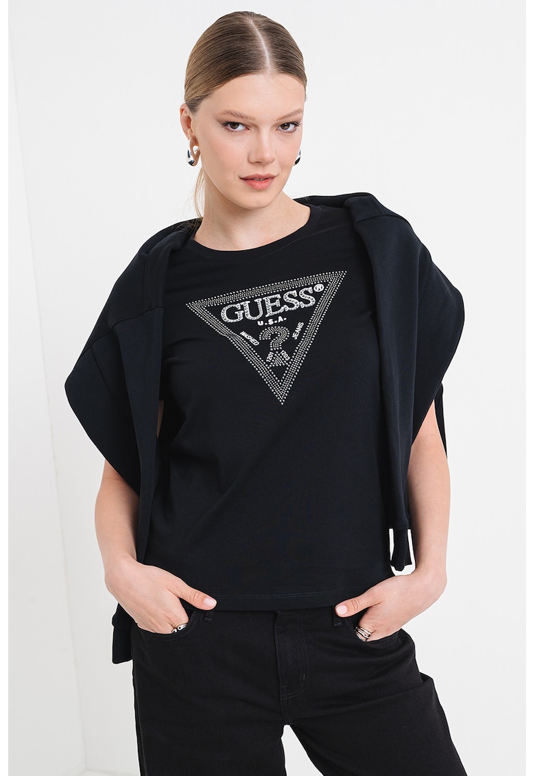Oferte la Tricou cu decolteu rotund si logo cu strasuri - Alb/Negru