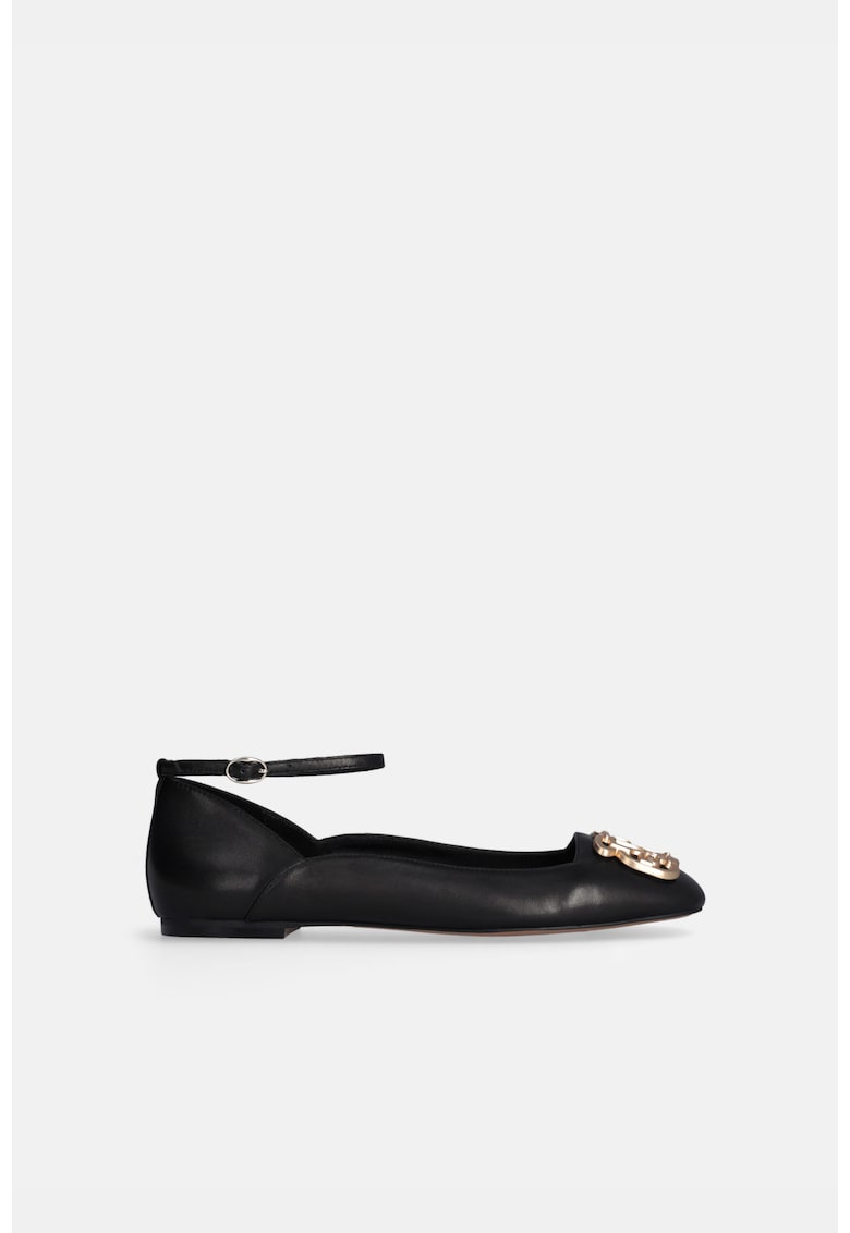 Oferte la Balerini de piele cu bareta pe glezna si accesoriu metalic - Negru